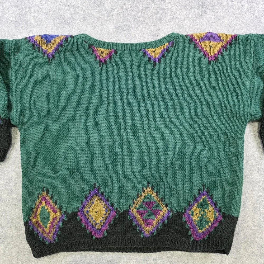 Jennifer Reed Sweater Womens Medium Green Ramie Cotton Rose Argyle Knit Pullover